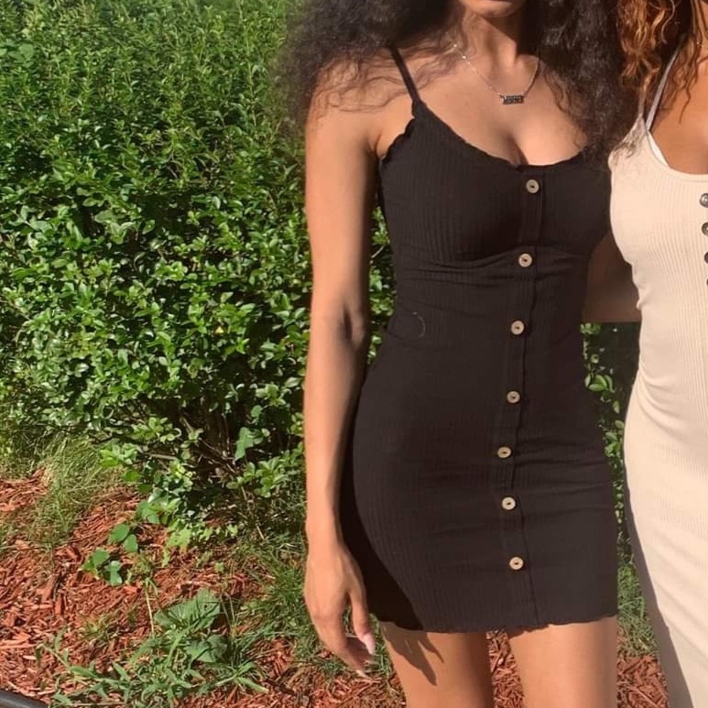 Black button mini ribbed dress